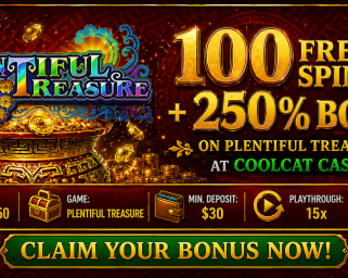100 Free Spins & 250% Bonus on Plentiful Treasure at CoolCat Casino